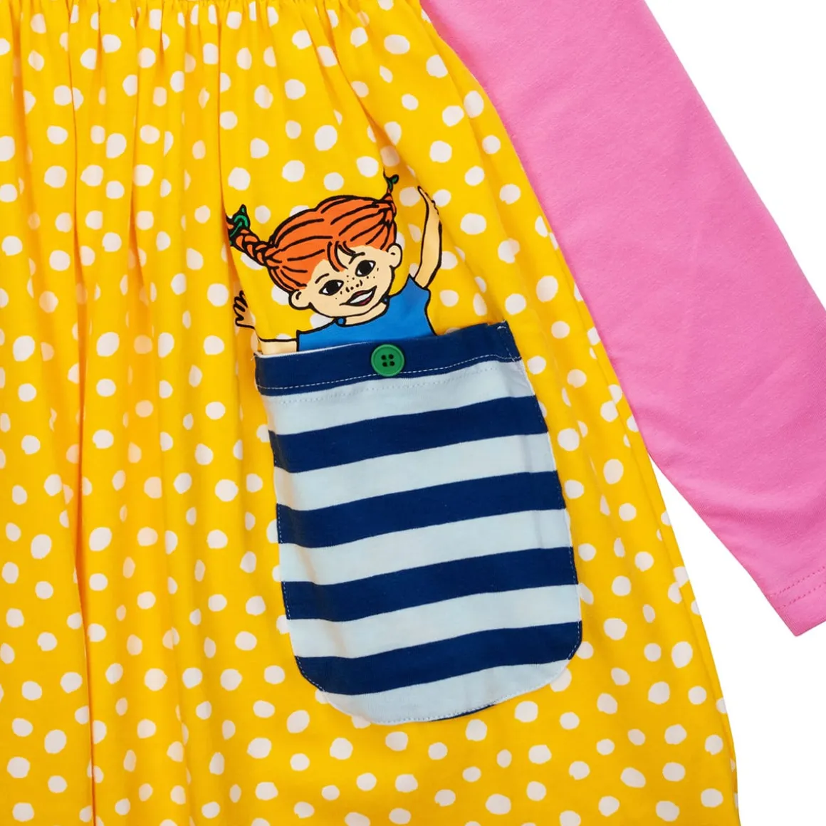 Peppi Pitkätossu Pilkukas-mekko keltainen
